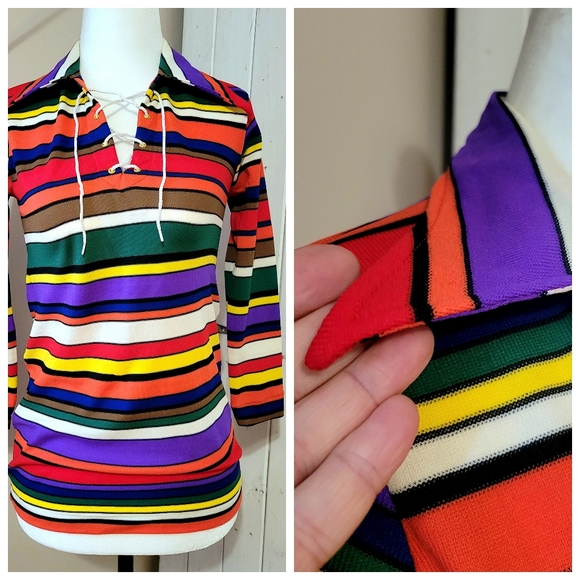 VINTAGE 60's MULTICOLOUR STRIPED TOP - Picture 1 of 8